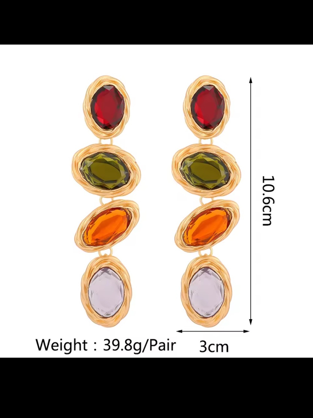 Goldtone Drop Earrings with Red, Yellow, Orange & Purple Stones - Picture 8 of 9
